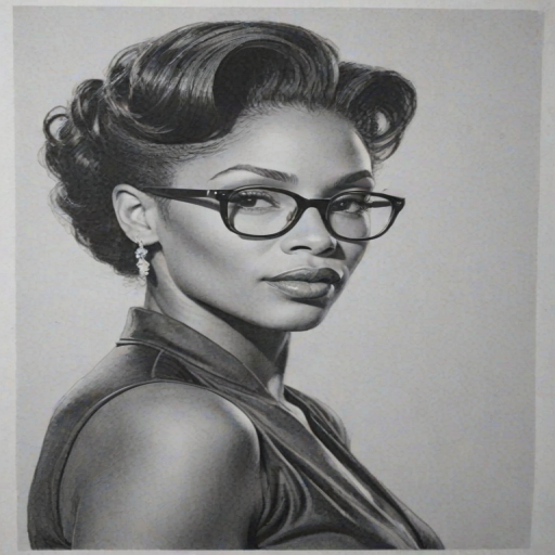 Elegant Adina Howard, pencil sketch, portrait of Captivating woman 1950s in glasses, hair style beatnik, outline, clear lines, fine lines, 8k