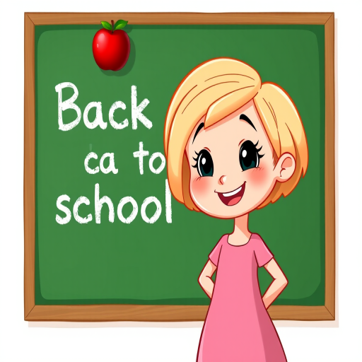 Create an image of a cheerful cartoon girl with short blonde hair, wearing a pink dress, standing next to a green chalkboard that says "Back to school," with a red apple on top of the board; use a digital art style, a 50mm lens, f/2.8 aperture, and a bright color palette for high contrast and clarity.