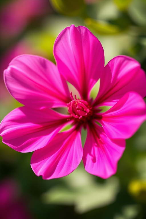 Capture a close-up of a vibrant pink flower with delicate petals, using a shallow depth of field to create a soft bokeh background, lens aperture set to f/2.8, focal length of 50mm, natural sunlight, DSLR camera, macro photography style.