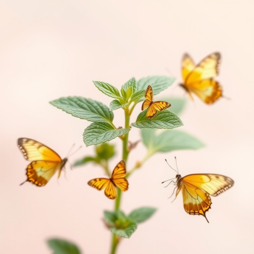 Create a high-resolution botanical illustration of a mint plant with delicate golden butterflies around it, soft pastel background, macro lens, shallow depth of field, DSLR camera, 50mm f/1.8 aperture.