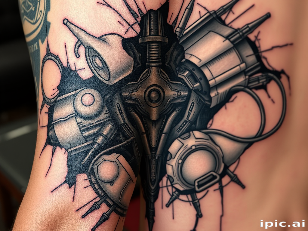 Biomechanical tattoo called "Cybernetic Fusion" blending organic forms with mechanical elements, creating the illusion of exposed robotic parts beneath torn skin using shades of gray and metallic accents