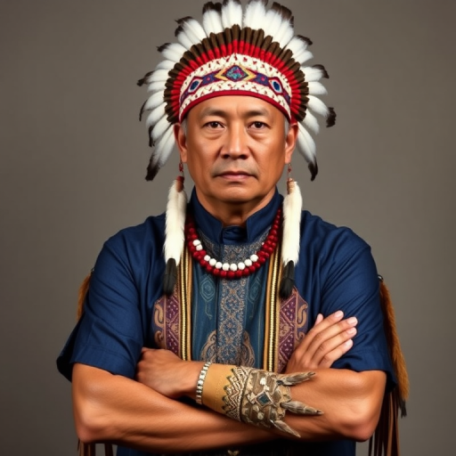 Create a dignified portrait of a Native American man dressed in traditional attire. He wears a beautifully crafted headdress adorned with white feathers and red beads, along with a beaded headband featuring intricate patterns. His clothing includes a deep blue, patterned shirt and a traditional chest piece with detailed beadwork. His arms are crossed, displaying leather armbands decorated with feathers. The background is simple and neutral, emphasizing his proud and stoic expression. The overall image captures the rich cultural heritage and strength of his persona.