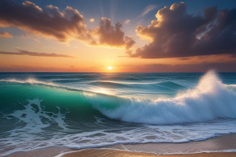 Majestic Sunset Over the Ocean with Waves Crashing on the Shore