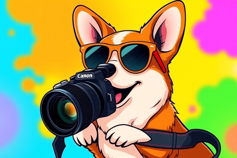 Create an illustration of a cartoon corgi wearing sunglasses, shot with a DSLR camera, 50mm lens, f/2.8 aperture, with a bright and colorful background in a studio setting.