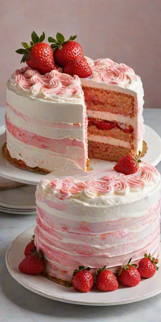 Create an image of a multi-layered strawberry cake with alternating layers of pink cake and fluffy white frosting. The top of the cake is decorated with swirls of whipped cream and fresh strawberry slices. The overall look should be vibrant and inviting, showcasing the textures and colors of the cake.
