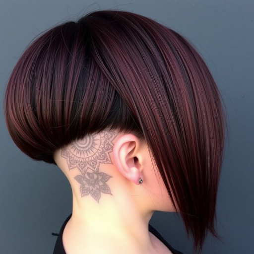 Deep burgundy locks styled in a sleek asymmetrical bob with one side shaved, featuring intricate mandala designs etched into the buzzed portion, blending edge with elegance.