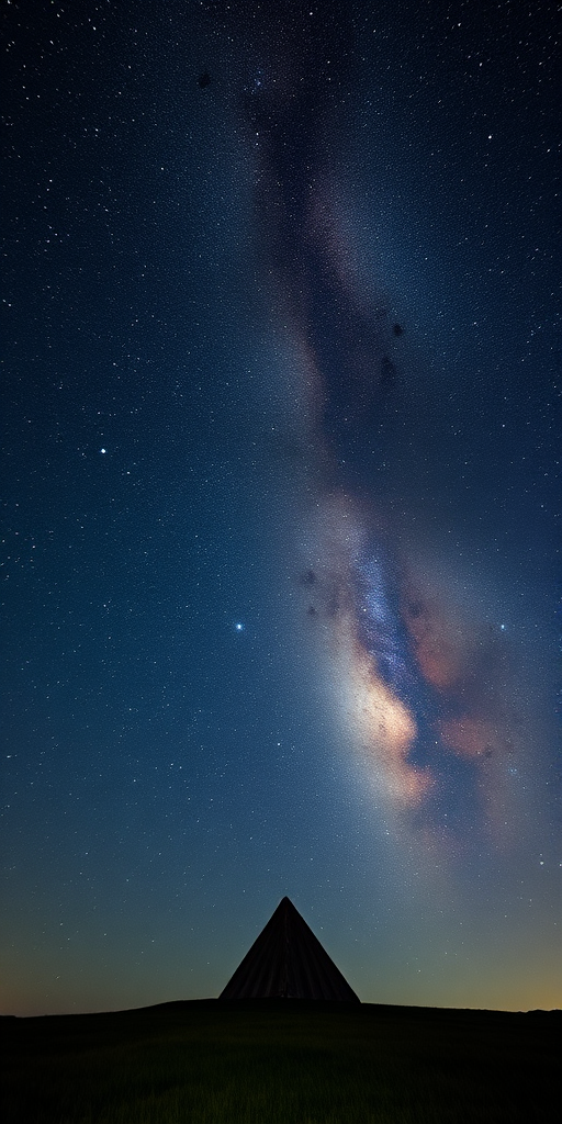 Create a high-resolution image of a night sky filled with stars and a visible Milky Way, featuring a large geometric shape in the foreground, taken with a DSLR camera at ISO 800, aperture f/2.8, shutter speed 20 seconds, wide-angle lens, and a landscape view.