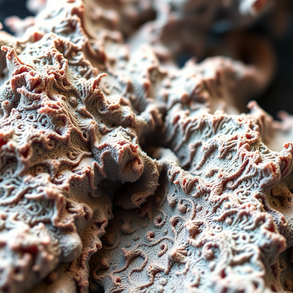 Generate a detailed fractal structure with intricate patterns and deep textures, using a Canon EOS R5 camera with a 50mm f/1.2 lens, aperture set to f/8, ISO 100, captured from a low angle view and enhanced with a soft focus style for a dreamlike quality.