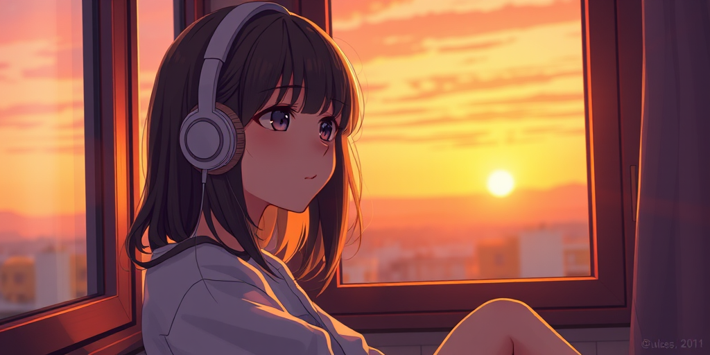 Create a visually stunning digital illustration of a girl with headphones, sitting by a window during sunset, with warm light illuminating her thoughtful expression, using a Canon EOS R5, 50mm lens, f/1.8 aperture, ISO 100, 1/200s shutter speed, in an artistic style that blends realism with anime aesthetics.