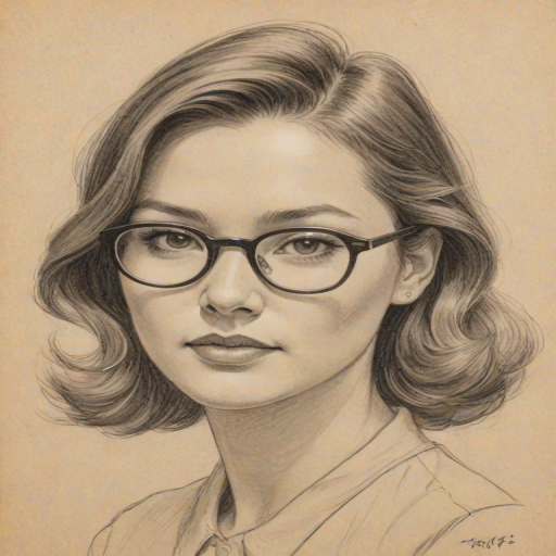 Appealing Lynn Chen, pencil sketch, portrait of Fetching woman 1939s in glasses, hair style beatnik, outline, clear lines, fine lines, 8k