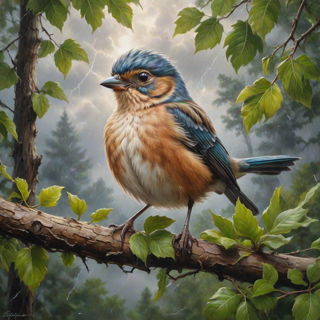 airbrushed oil painting,  a cute little bird, sitting on a branch with lush leaves, startled eyes, his feathers ruffled and blown up, leaves in the air, background bending trees in a forest, storm clouds