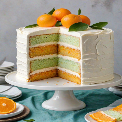 Generate an image of a layered cake with a smooth white frosting. The top is decorated with a slice of orange and a few green leaves. The cake is displayed on a white cake stand, with one slice cut out to show the interior, which has a light yellow cake texture. The background includes a light blue cloth and a whole orange beside the cake.