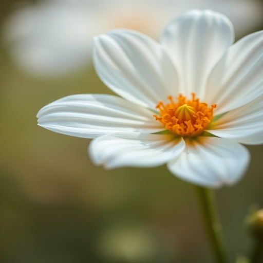 high-resolution close-up of a white flower with an orange center, soft focus background, macro lens, aperture f/2.8, 50mm prime lens, natural lighting, DSLR camera