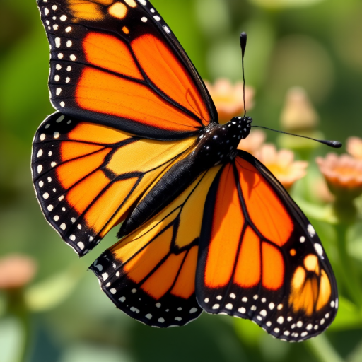 Generate a detailed illustration of a monarch butterfly with vibrant orange and black wings, ensure high detail and clarity, use a macro lens, aperture f/2.8, shutter speed 1/200s, ISO 100, shot from a low angle to emphasize wing patterns, in a bright natural light setting.