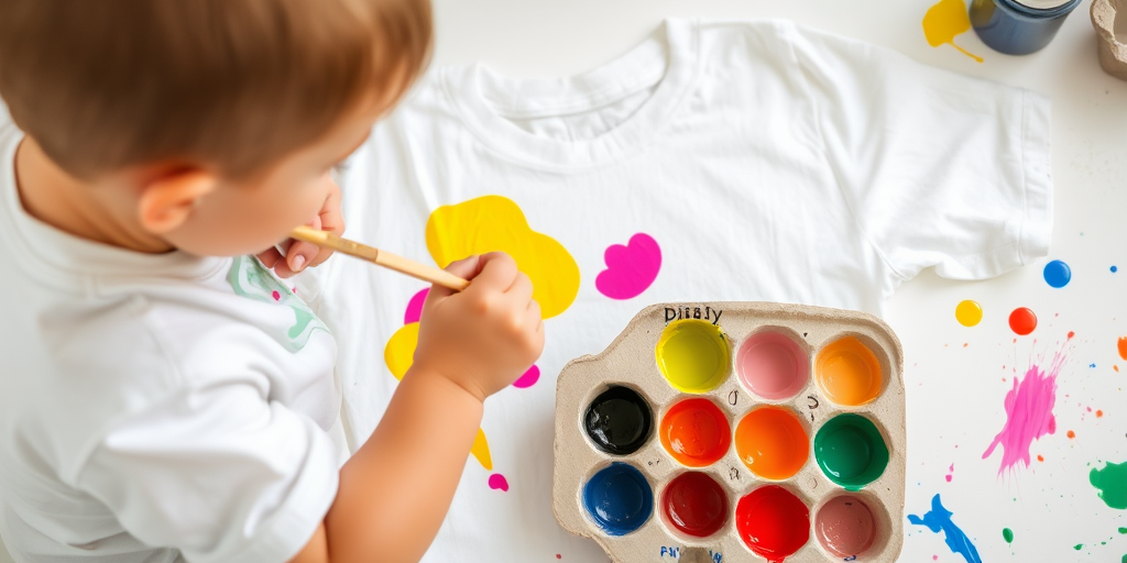 A child painting a white t-shirt with bright colors using a brush, with an egg carton for paint and splatters of paint on the surrounding table.