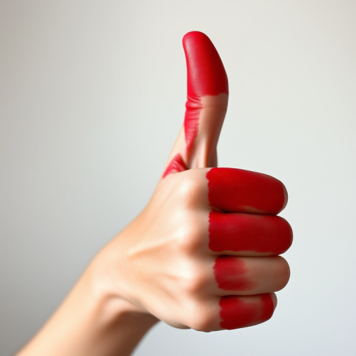 A close-up shot of a hand giving a thumbs up, the thumb and part of the hand painted red and the rest white, captured with a Canon EOS R5, 50mm lens, aperture f/2.8, ISO 100, natural light, high contrast, sharp focus.