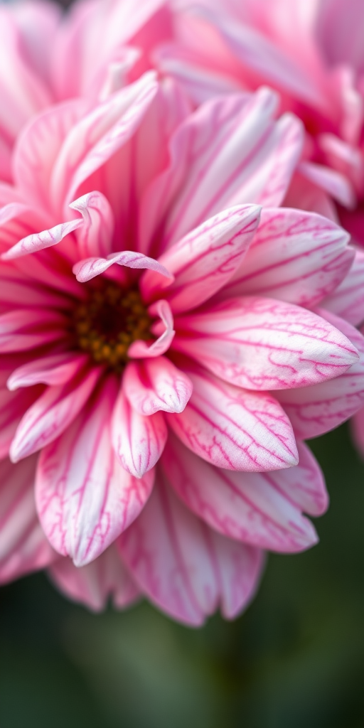 Close-up shot of pink and white flowers with intricate petal patterns, soft blur background, aperture f/2.8, shutter speed 1/200s, ISO 100, macro lens, DSLR camera, natural lighting.