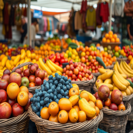 Create a vibrant market scene with an abundance of colorful fruits stacked in woven baskets, capturing the detail and texture of each fruit, shot with a Canon EOS R5 at f/4, 1/60s, ISO 200, using a 50mm lens from a slightly elevated angle to enhance depth and clarity.