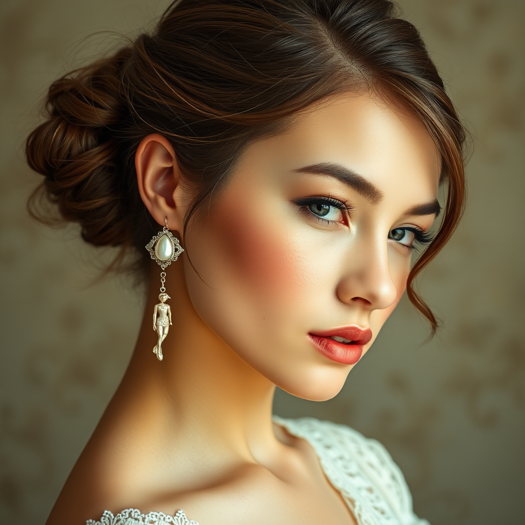 beautiful young lady with hair done up, and an exquisite pair of earings, made from mother of pearl, shimmering, and composed of different men in poses as he climbs up the long eariring