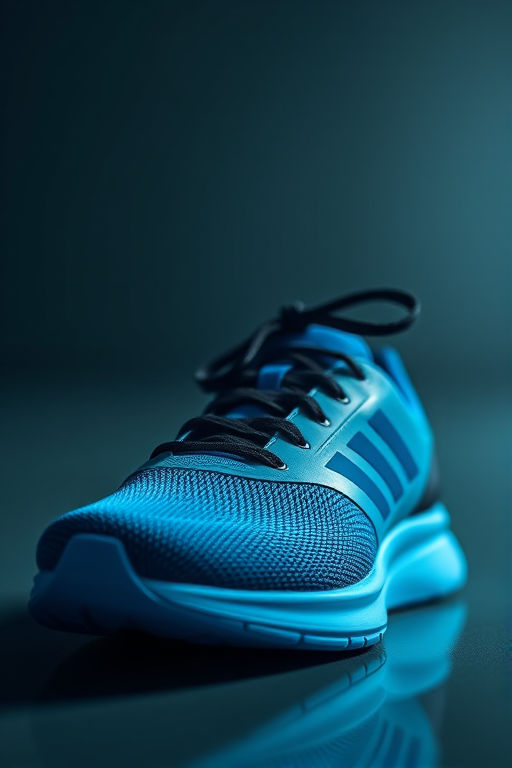 Create a photorealistic image of a sleek blue athletic shoe with black laces, captured in a well-lit studio setting with a Canon EOS R5 camera, 50mm lens, f/1.8 aperture, ISO 100, and a shallow depth of field to accentuate the shoe's details and textures.