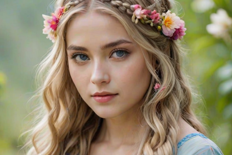 Create an image of a young Thai woman with long, wavy blonde hair, adorned with small, colorful flowers woven into her braids and loose strands. Her complexion is fair, with soft, glowing skin, and she has light blue eyes that gaze softly at the viewer. She wears a light, flowing dress with a gentle, ethereal quality, complementing her delicate and serene appearance. The background is slightly blurred, drawing focus to her tranquil expression and the intricate details of the flowers in her hair. The overall mood of the image is one of natural beauty and grace, evoking a sense of peacefulness and connection with nature.