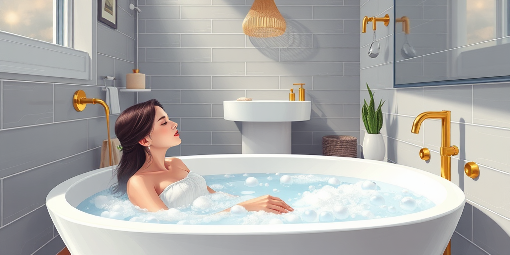 Create a digitally illustrated scene of a woman relaxing in a modern bathtub filled with bubbles, set within a stylish bathroom featuring gray tiled walls, golden fixtures, and decorative elements, using a high-resolution 4K setting, a wide-angle view, with soft lighting to enhance ambiance, and a digital painting style.