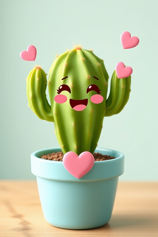 Generate a cute cartoon-style image of a happy cactus in a light blue pot with pink hearts around it, using a Canon EOS R5 camera, f/4 aperture, ISO 100, 50mm lens, soft natural lighting, and a shallow depth of field for enhanced image quality.