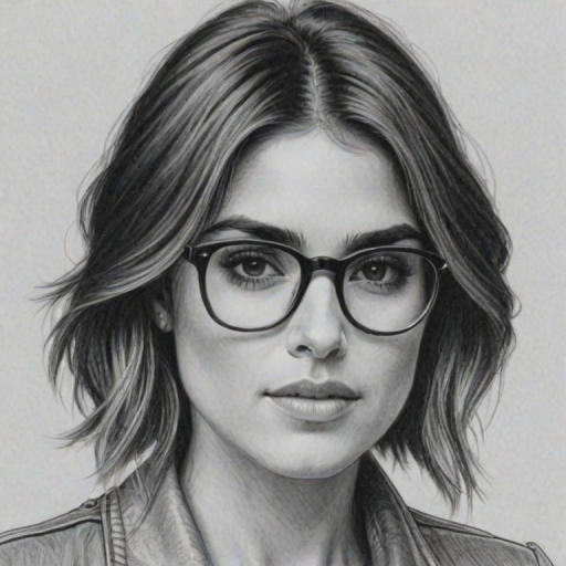 Charming Nikki Reed, pencil sketch, portrait of Lovely woman 1976s in glasses, hair style beatnik, outline, clear lines, fine lines, 8k