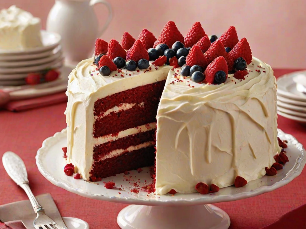 Create an image of a decadent red velvet cake with a rich cream cheese frosting. The cake should be garnished with fresh berries and chocolate shavings, showcasing a slice that reveals its moist texture. The background should be simple and elegant to highlight the cake's vibrant colors.