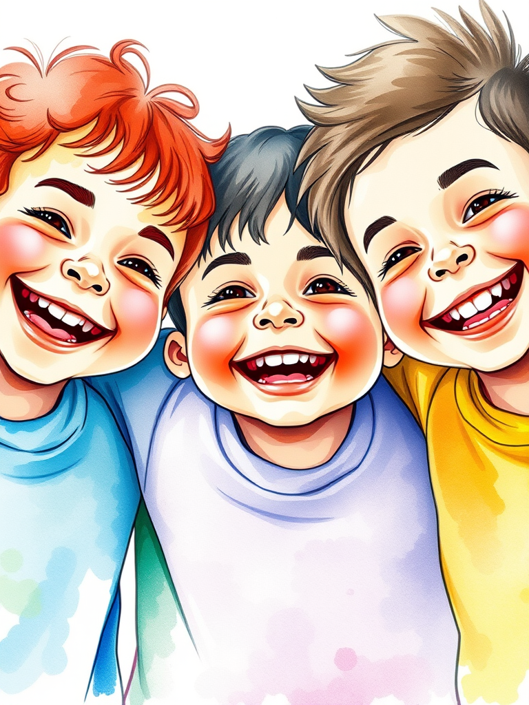 Create a colorful illustration of four children smiling and having fun together, using a watercolor style, shot with a Canon EOS R5 at ISO 100, f/2.8, 50mm lens, vibrant colors and soft focus for an artistic effect.