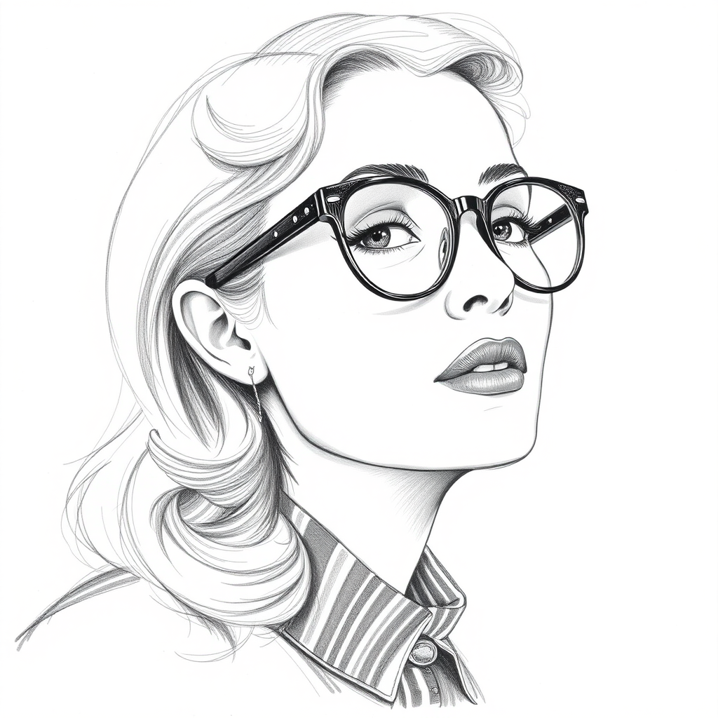 Lovely Carly Chaikin, pencil sketch, portrait of Pleasing woman 1933s in glasses, hair style beatnik, outline, clear lines, fine lines, 8k