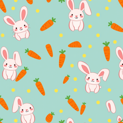 Create a vibrant and playful pattern featuring cute cartoon rabbits with large ears and smiling faces next to bright orange carrots on a teal background with small yellow polka dots, captured in high resolution using a DSLR camera with a 50mm lens, f/2.8 aperture, 1/125s shutter speed, and set to a vibrant color profile.