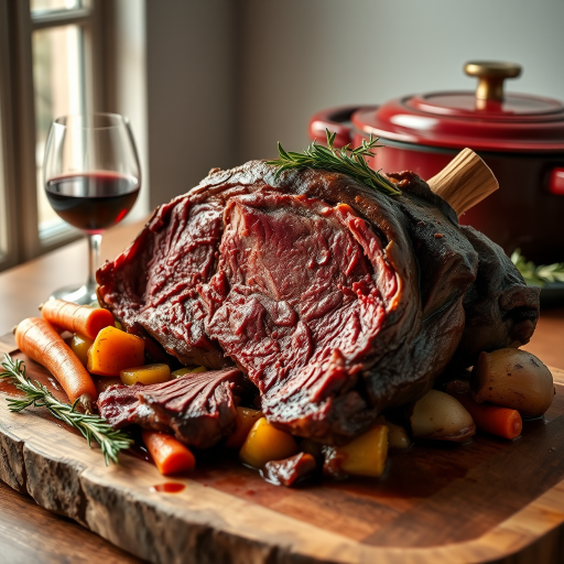 Soft, diffused natural light from a large window on the left, with a white reflector on the right for fill. 45-degree angle view, shallow depth of field focusing on the succulent meat. A tender beef roast, marinated and slow-cooked in Barolo wine, presented on a rustic wooden board. The meat is falling apart, glistening with a rich, deep red wine reduction sauce. Surrounding the roast, a colorful mirepoix of carrots, onions, and celery, their edges caramelized and infused with the wine's flavor. A small bunch of fresh rosemary and thyme as garnish. In the background, a half-filled glass of Barolo wine and a Le Creuset Dutch oven, hinting at the cooking method. 8K resolution, photorealistic rendering with intricate textures of the meat fibers and vegetable pieces.