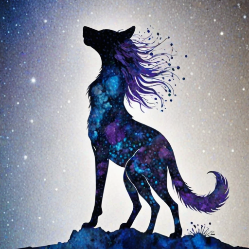 Captivating conceptual render alcohol ink art, double exposure, the paint strokes artfully merge combining a woman's full silhouette with a Loping coyote's silhouette. The figures are composed of a series of colored dots, lines & spots that evoke the image of a cosmic galaxy, colors are deep shades of blue purple & black with flashes of white & silver representing distant stars. The woman's silhouette is formed within the lion's silhouette from constellations of scattered stars, surreal