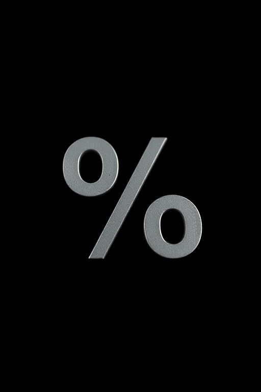 Create a high-resolution image of a percentage symbol on a black background, using a Canon EOS R5 camera, 50mm lens, f/1.8 aperture, ISO 100, and a shallow depth of field for a clean and sharp focus effect.