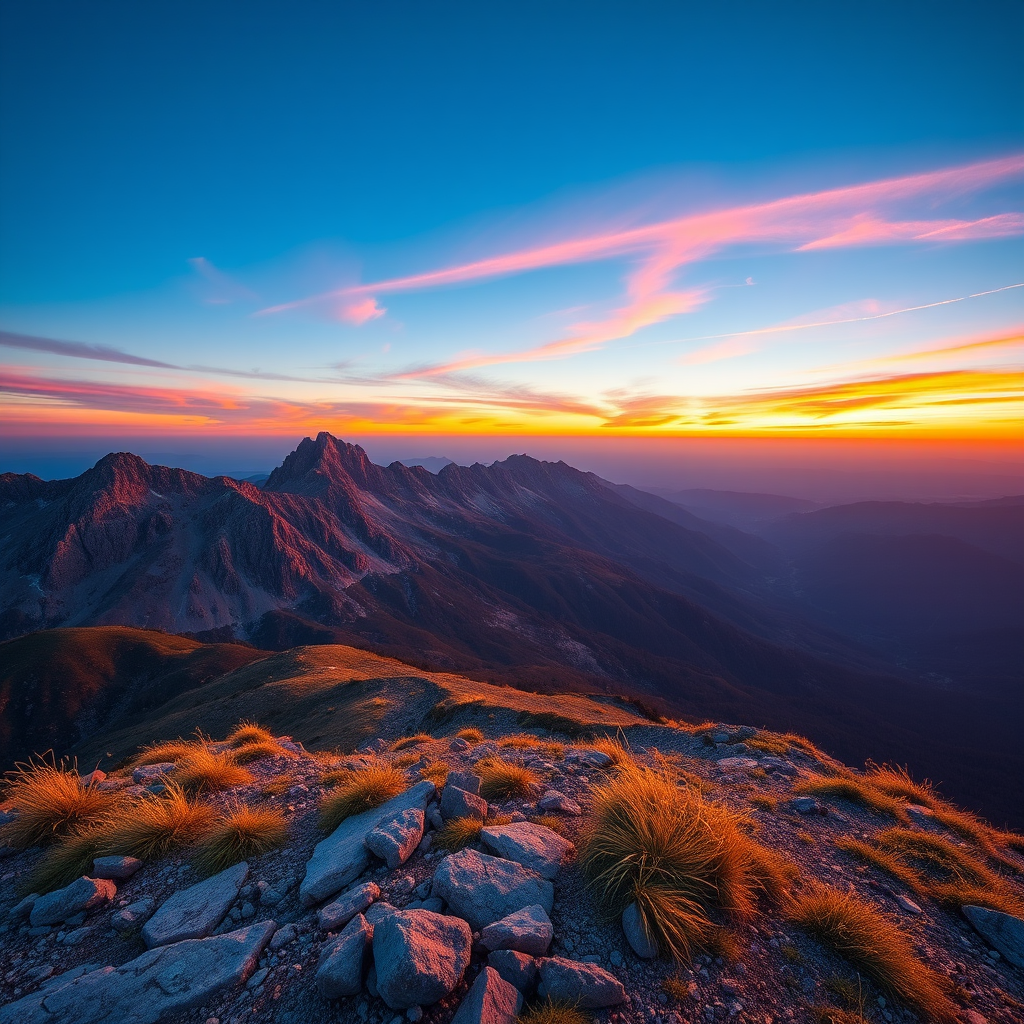 Generate a high-resolution image of a scenic mountain landscape during sunset with vibrant colors, using a DSLR camera, 24mm lens, f/8 aperture, ISO 100, shot at golden hour, in landscape orientation.