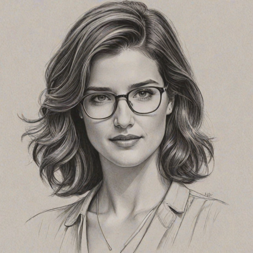 Splendid Cobie Smulders, pencil sketch, portrait of Gorgeous woman 1939s in glasses, hair style beatnik, outline, clear lines, fine lines, 8k