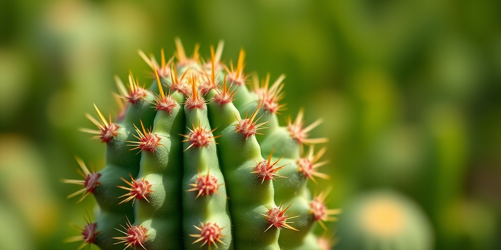 Close-up of a vibrant cactus with textured spikes in a blurred green background, shot using a Canon EOS 5D Mark IV, ISO 100, aperture f/2.8, 50mm lens, natural light, shallow depth of field.
