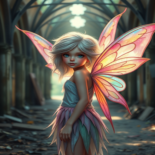 Create a highly detailed fantasy illustration of a young fairy with colorful pastel hair and iridescent wings standing in a mystical, abandoned setting, soft natural lighting, 85mm lens, f/1.8 aperture, ISO 200, shot with a DSLR camera for enhanced image quality.