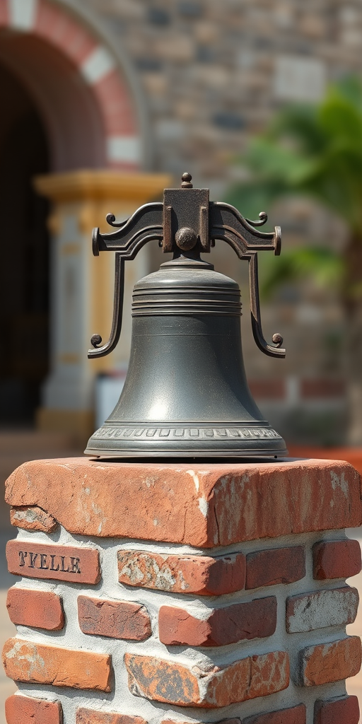 Create a high-resolution image of an antique bell on a weathered brick pedestal, captured with a Canon EOS R5 at f/2.8, ISO 100, 1/200s, utilizing natural lighting and a shallow depth of field for enhanced background blur.
