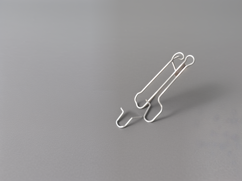 Two Elegant Silver Paper Clips Standing Upright on a Gray Surface