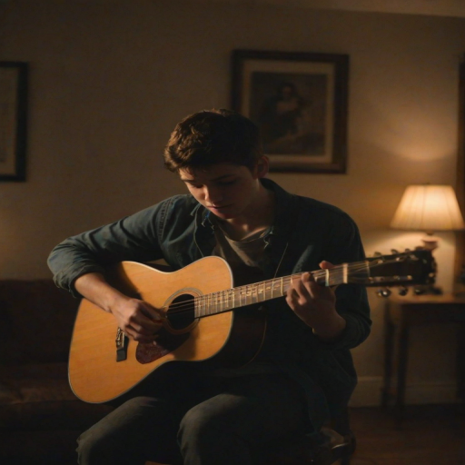 Blurry candid shot of a young man playing an acoustic guitar in a dimly lit room, soft light from a nearby lamp casting long shadows on the walls, with sheet music scattered around.