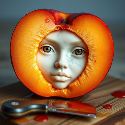 A hyperdetailed photorealistic macro color saturated high resolution image of a peach cut in half, with the peach pit being a highly detailed sculpted woman's face with her eyes open and peach-colored irises. The face has a marble texture. The image includes condensation, moisture, and peach juice. The peach is on a wooden cutting board with a small fruit knife nearby, also covered with juice.