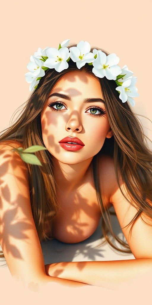 create a watercolor painting of an ethereal portrait of beautiful Hispanic woman with a simple white flower crown on her head. Her hair is long and she is lying on the ground. The sunlight on the trees casts shadows from the leaves on her face and body. The background is a neutral brown color that matches her skin tone. The image is minimalist and solid colors. This style is characterized by soft, delicate brushstrokes and a light, airy, contrasting color palette. High level of detail and play of light