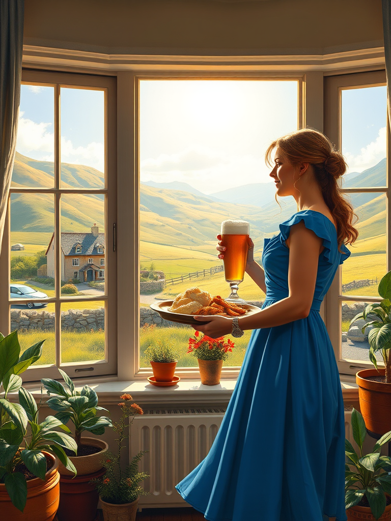 In "A Glass of Beer on the Highland," a serene scene is depicted in a sunlit room where a woman in a vibrant blue dress stands by a large window. She holds a tray with a hearty meal and a frothy glass of beer, embodying a moment of relaxation. Outside, the breathtaking highland landscape features rolling green hills and a charming traditional house, all bathed in warm afternoon light. The interior is adorned with potted plants, creating a harmonious blend of comfort and nature. The painting beautifully captures the tranquility and joy found in simple pleasures amidst stunning scenery