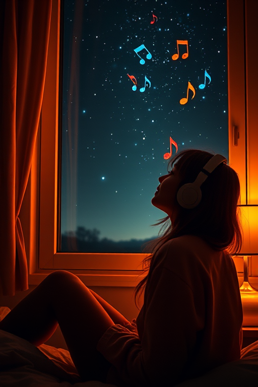 A young woman with headphones sitting by a window at night, gazing at a starry sky with musical notes floating around, warm ambient light from a bedside lamp, camera settings: ISO 400, aperture f/2.8, shutter speed 1/60 sec, camera view: close-up, camera style: digital art, camera type: mirrorless.