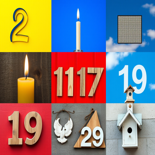 Create a high-resolution grid image featuring numbers: 2 in yellow paint, 3 as a candle, 5 in blue sky, 7 on a digital display, 11 carved in wood, 13 on a red background, 17 on a gray wall, 19 as a dove plaque, 23 in white stone, and 29 on a birdhouse, using a DSLR camera, 50mm lens, f/2.8 aperture, ISO 200, and natural lighting.