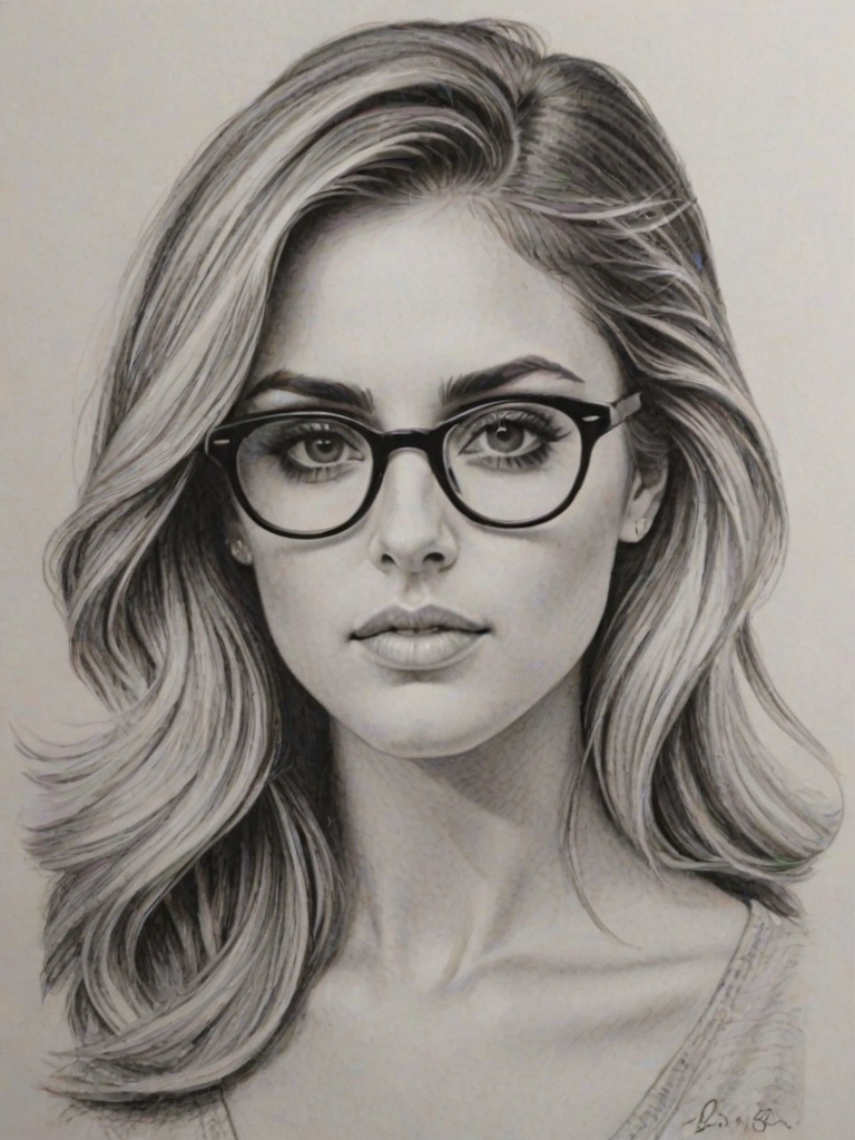 Fascinating Cassie Scerbo, pencil sketch, portrait of Splendid woman 1967s in glasses, hair style beatnik, outline, clear lines, fine lines, 8k