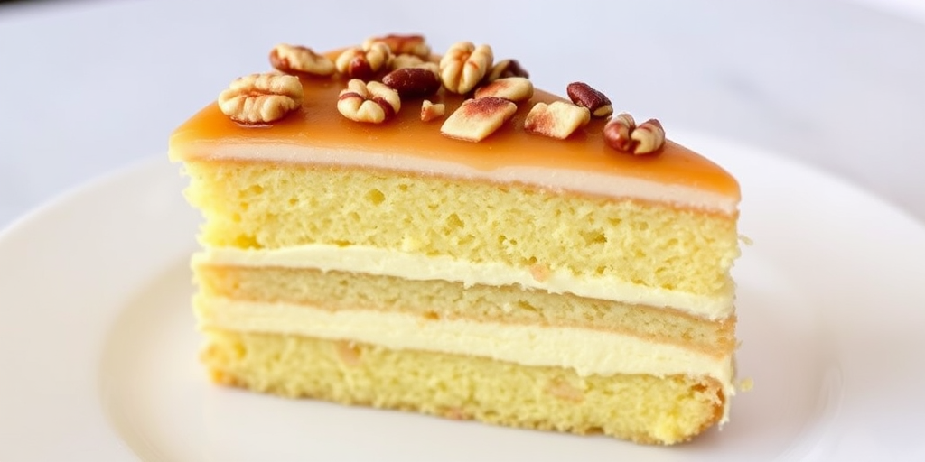 Slice of cake with layers of yellow sponge cake and creamy filling topped with a crunchy caramelized layer and sprinkled with nuts on a white plate.