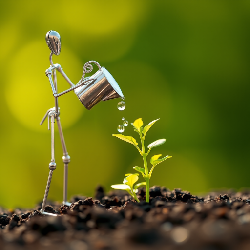 A metal figurine of a person, constructed from thin, silver rods, stands on the left side of the image, facing the viewer. The figurine is holding a small watering can and pouring water onto a young plant, with a few droplets in the air. The plant, with lush green leaves, is situated in the center, growing from dark soil. The background is a soft, out-of-focus blur of green, illuminated by warm, natural light.  The composition creates a sense of depth and intimacy. The image evokes feelings of growth, nurture, and hope.